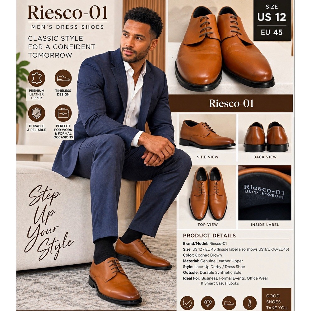 Riesco-01 by CONZURI" Men's Brown Lace-Up -2.75" height boost US 12 Dress shoes